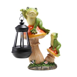 �K�[�f�����C�gLED�\�[���[���C�g �\�[���[�p���[ Ovewios Garden Frogs Statue, Large Funny Frogs Figurine Climbing on Mushroom and Holding a Solar LED Lantern Resin Ornament for Patio Yard Lawn Porch Outdoor Decor, Women/Gardening Dec �y