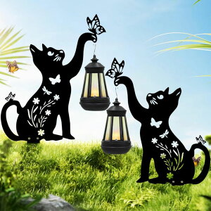 K[fCgLED\[[Cg \[[p[ Metal Cat Solar Lights Outdoor Garden(2 PCS), Black Cat Yard Signs Stake Decor with Butterfly, Outside Garden Stake for Lawnfor Yard, Lawn, Patio -Unique Gift Ideas for Halloween,Chris y