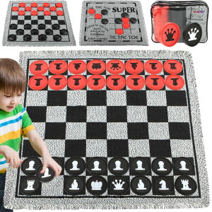 �`�F�X�Z�b�g Giant 4 in 1 Chess Set,Jumbo Chess & Giant Checkers & Large Tic Tac Toe, Giant Chess Board Game for Kids Adults,Including 2 Extra Queen,Large Checkers Rug Game Mat, Indoor Outdoor Games Camping Party �y���s�A���i�z