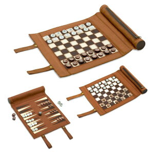 `FXZbg Woodronic 3 in 1 Backgammon Chess Checkers Set, Roll Up Travel Game Set for Adults and Kids, Brown, 13'' x 10'' ysAiz