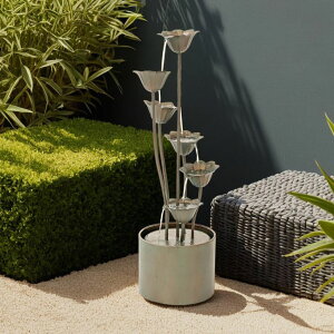 K[f  CeA u^  ̃IuWF EH[^[tH[t@Ee XBrand Metal Sculptural Flower Multi-Tiered Freestanding Water Fountain, No LED Lights, Silver, 35" Tall ysAiz