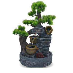   ̃IuWF e[ugbvt@Ee CeA 18-Inch Tabletop Water Fountain with Bonsai Tree, Cascading Pots, and Spinning Water Wheel ? Indoor Zen Decorative Fountain with USB Connection for Home or Offic