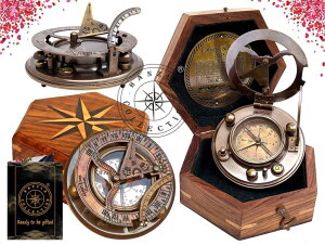 v Hanzla Collection Antique Brass Sundial Compass with Wooden Box and Chart | Working Compass | Gilbert & Sons London Sun Clock Decorations Ship Replica Watch ysAiz
