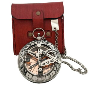 v BAZROSS Vintage Brass Sundial Compass with Leather Case - Antique Brass & Copper Sun Clock for Camping, Hiking, Touring - Engraved Gift for Him - Silver Large Compass Viking Pendant Necklace for Men ysAiz