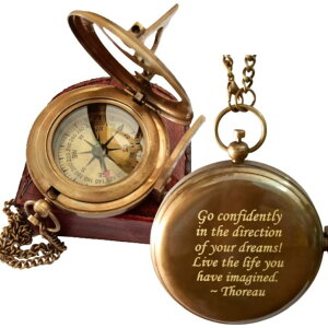v Thoreau's Go Confidently Quote Engraved Sundial Compass with Leather Case, Graduation Gifts, Compass for My Son, Inspirational Gift Compass, Sundial Compass ysAiz