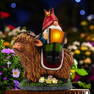 �K�[�f�����C�gLED�\�[���[���C�g �\�[���[�p���[ CFFOWNUG Garden Gnomes Outdoor Statues: 8'' Solar Light Gnome Decor on Highland Cow Play The Accordion Unique Birthday Gifts for Women Mother Grandma �y���s�A���i�z