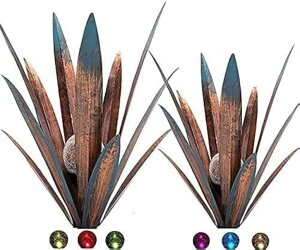 �K�[�f�����C�gLED�\�[���[���C�g �\�[���[�p���[ Muciwa 2 PCS Metal Agave Sculpture Decoration, Vintage Country Hand-Painted Sculpture DIY Metal Agave Plant, Home Garden Courtyard Lawn Outdoor Decoration (2PCS-LED) �y���s�A���i�z