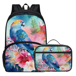�C���R ���� �o�[�h �g���x���L�����A�[ Parprinty Animal Print Backpack Set for Girls Blue Floral Bird Parrot Backpack with Lunch Box Elementary Student Outing Daily Lightweight 17 Inch Bookbag Cute School Bag �y���s�A���i�z