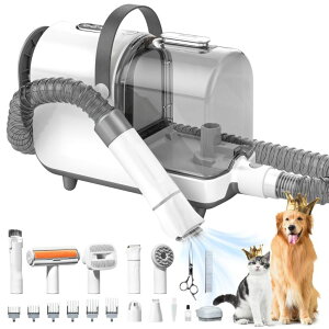 �y�b�g�o���J�� Bunfly Dog Grooming Kit,13000Pa Strong Grooming & Vacuum Suction 99.99% Pet Hair, 16 Pet Grooming Tools for Dogs Cats, 3L Large Capacity Dust Cup, Quiet Pet Vacuum Groomer (Silver & White) �y���s�A���i�z