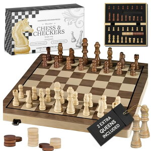`FXZbg PlayVibe Wooden Chess Set 15'' & Checkers Board Games for All Players with 2 Extra Queens - Handmade Classic Wooden Chess Board, Portable & Folding Playtime Boards, Beginner & Professional Use ysAiz