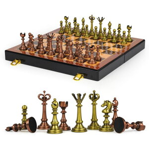 `FXZbg Vintage Metal Chess Set for Adults ? 15" Wooden Chess Board with Metal Chess Pieces Travel Chess Set with Retro Chessmen ? Collectible Elegant Chess Game ? Family Vintage Board Game for Kids ysAiz