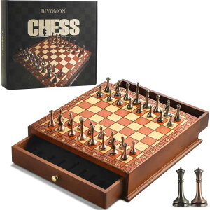 `FXZbg European Retro Chess Set, Creative Wooden Chess Board Metal Chess Pieces-Desktop Chess 2 Built-in Storage Drawers-Ideal for Beginners & Professional Players ysAiz