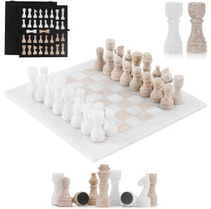 �`�F�X�Z�b�g SPESHSTONES Marble Chess Set 12 Inch Handmade White & Travertine Board Game with Storage Box, Classic Travel Chess Set for Adults with Pieces & 2 Extra Queens, Elegant Gift & Home D?cor �y���s�A���i�z