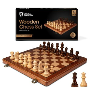 `FXZbg Chess Armory Wooden Chess Set 15 Inch - Premium Sapele Wood Handcrafted Game Board for Adults and Kids with Extra Queen Pieces and Storage Box - Ideal for Home and Travel - Non-Magnetic ysAiz