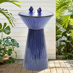 K[f  CeA u^  ̃IuWF EH[^[tH[t@Ee Autodaya 28" H Ceramic Birdbath Outdoor Fountain with LED Lights, Bird Accents & Fluted Texture, Bubbling Water Feature for Garden, 