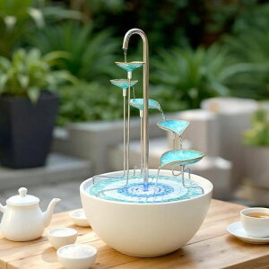   ̃IuWF e[ugbvt@Ee CeA HYDRIA Water Feature Fountain Verdigris Leaf Cascade, Verdigris Mosaic, Porcelain Bowl Included, Up to 100 Hours per Charge, USB Charging, Outdoor and Indoor use