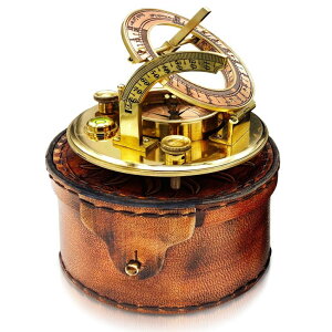 v Brass Sundial Compass in Leather Case - Nautical Gifts for Men, Antique Sailing Anniversary Vintage Gifts, Unusual Unique Nautical Decor, Naval Maritime Pocket Watch Clock (4.1" Inch) ysAiz
