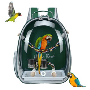 �C���R ���� �o�[�h �g���x���L�����A�[ Bird Traval Carrier Cage, Multi Vent Holes Clear Space Capsule Astronaut Backpack to Carry Parakeet Cockatiel Parrot with Metal Tray Wood Perch, Vet Transport Book Bag (Green) (Green) �y���s�A��