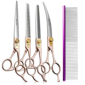 �y�b�g�o���J�� Fenice Peak 7.5�e�f Professional Dog Grooming Scissors Set Rose Gold 440C Stainless Steel Straight Thinning Curved Chunker Shears 4pcs Set for Pet Grooming Services Dogs and Cats �y���s�A���i�z