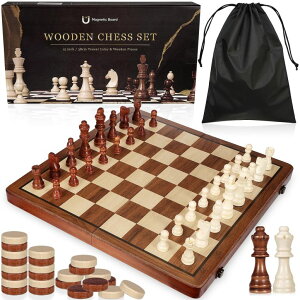 `FXZbg Magnetic Wooden Chess Set & Checkers Board Game, 15" Folding Chess Board (2 in 1) - Handcrafted Chesspiece (2 Extra Queens) - Storage Slots - Gift Package, Ideal Chess Set for Beginner ysAiz