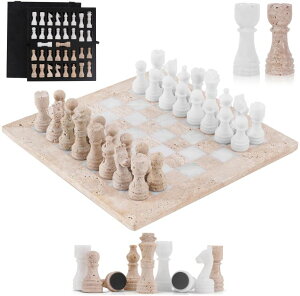 �`�F�X�Z�b�g Marble Chess Set 12 Inch Handmade Travertine and White Board Game with Storage Box, Classic Travel Chess Set for Adults with Pieces & 2 Extra Queens, Elegant Gift & Home D?cor �y���s�A���i�z