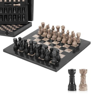 �`�F�X�Z�b�g Marble Chess Set for Adults 10" Handmade Black & Oceanic Board Game with 32 Chess Pieces, 2 Extra Queens & Storage Box, Luxury Travel Game, Elegant Gift for Home Decor �y���s�A���i�z