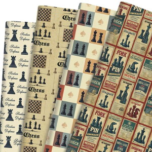 `FXZbg Chess Wrapping Paper 12 Sheets Vintage Chess Themed Gift Wrap Retro Chessboard,Knight,Pawn & Queen Designs Gift Packing Paper for Chess Players,Fans & Enthusiasts,20"×28" ysAiz