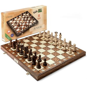 `FXZbg Wegiel Handmade Junior European International Chess Set - 16 Inch Luxury Wooden Chess Set for Adults and Kids, Premium Beech and Birch Wood - Unique Folding Design with Storage ysAiz