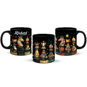 `FXZbg 1PCS Personalized Artistic Chess Themed Mug, Customized Name & Date Ceramic Cup 11oz 15oz, Unique Chessboard Coffee Mug With Vibrant Patterns, Custom Full Wrap Black Mug For Chess Lovers ysAiz