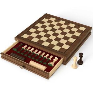 `FXZbg Premium Natural Walnut 13" x 13" Magnetic Wooden Chess Set with 1 Built-in Storage Drawers - 2 Bonus Extra Queens - 24 Checkers Pieces - Staunton Chess Pieces, Board Games Chess Sets ysAiz