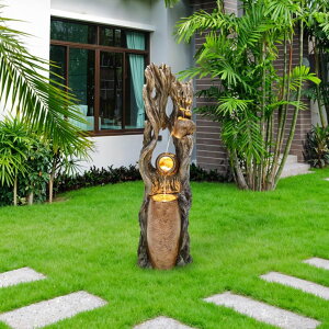 ガーデン 噴水 インテリア噴水 置き型 噴水 滝のオブジェ ウォーターフォールファウンテン Autodaya 42.7" Tall Outdoor Water Fountain with LED Lights, 3-Tier Rainforest Waterfall Tree Trunk and Jar Garden Fountain, Ideal fo