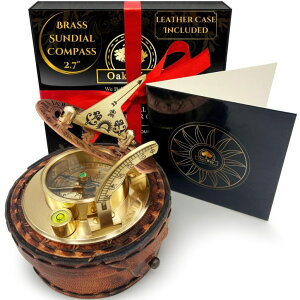 v Brass Sundial Compass in Leather Case - Nautical Gifts for Men, Antique Sailing Anniversary Gadget for Him, Unusual Unique Nautical Decor, Naval Maritime Pocket Watch Clock (2.7" Inch) ysAiz