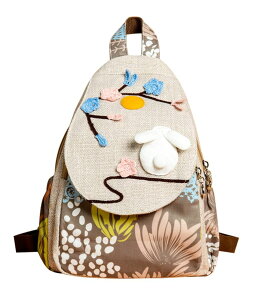 CR  o[h gxLA[ HUANGGUOSHU Women Cotton Woven Bohemian Hemp Boho Canvas Embroidery Multi Pocket Retro Cute Backpack Wallet Backpack White rabbit ysAiz