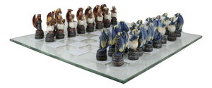 �`�F�X�Z�b�g Ebros Gift Colorful Red and Blue Sides Hand Painted Medieval Fantasy Dungeons and Dragons Resin Chess Pieces with 15" by 15" Checkered Frosted and Transparent Glass Board Set Gaming Board �y���s�A���i�z