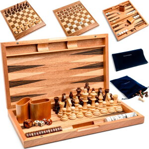 `FXZbg Pointworks 17 Inch Chess Checkers Backgammon Set for adults, Wooden chess set combo, portable folding two sided board multi game design, maple walnut inlay with large weighted pieces, acrylic checkers ysAiz