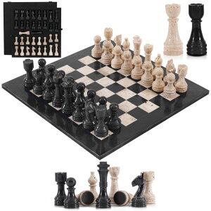 `FXZbg SPESHSTONES Marble Chess Set 15" Inches Handmade Black & Travertine Luxury Board Games for Adults, Ideal Marble Chess Board Game Set, Chess Pieces & Storage Box for Home Decor ysAiz