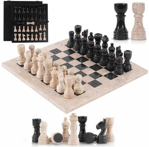 `FXZbg Marble Chess Set 12 Inch Handmade Travertine and Black Board Game with Storage Box, Classic Travel Chess Set for Adults with Pieces & 2 Extra Queens, Elegant Gift & Home D?cor ysAiz