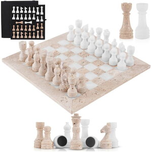 `FXZbg SPESHSTONES Marble Chess Set 15" Inches Handmade Travertine & White Luxury Board Games for Adults, Ideal Marble Chess Board Game Set, Chess Pieces & Storage Box for Home Decor ysAiz