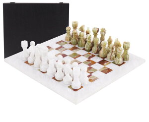 `FXZbg Marble Chess Set for Adults 15" Handmade White & Green Onyx Board Game with 32 Chess Pieces, 2 Extra Queens & Storage Box, Luxury Travel Game, Elegant Gift for Home Decor ysAiz
