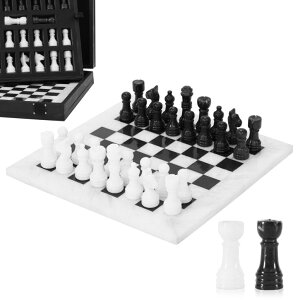 �`�F�X�Z�b�g Marble Chess Set for Adults 10 Handmade White & Black Board Game with 32 Chess Pieces, 2 Extra Queens & Storage Box, Luxury Travel Game, Elegant Gift for Home Decor �y���s�A���i�z