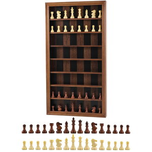 `FXZbg Giant Wall Mounted Board Game Wooden Chess Game Set with A Complete Set of Carved Chess Pieces Vertical Display Cabinet for Home Games Hanging Art Home Decoration (Burnt Color) ysAiz