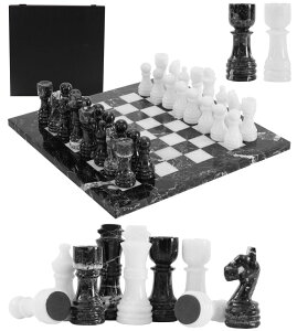 `FXZbg Earthen Crafts Marble Chess Set 12 Inches Handmade Black Zebra & White with Storage Box Chess Board Games - 2 Player Classic Chess Sets for Adults and Family - 1 Chess Board & 32 Chess Pieces ysAiz