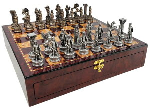 �`�F�X�Z�b�g Greek Mythology Olympus Gods Zeus vs Poseidon Pewter and Bronze Color Chess Set with 17" High Gloss Cherry & Burlwood Color Storage Board �y���s�A���i�z