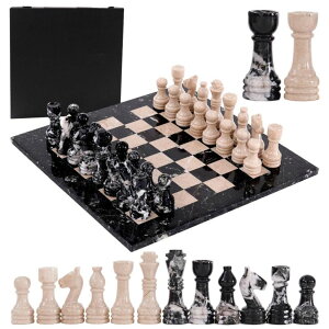 `FXZbg Earthen Crafts Marble Chess Set 15" Inches Handmade Black Zebra and Verona Board Games for Adults, Ideal Marble Chess Board Game Set & Chess Pieces for Home Decor ysAiz