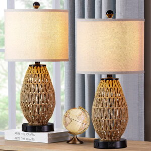 Tt@B safavieh e[uv Tt@r Tt@BA CINSARY Touch Control Rattan Table Lamps, 3 Way Dimmable Bedside Lamps for Bedroom Set of 2 with 2 USB Ports and AC Outlet, Wicker Nightstand Lamps for Living Room (LED B 