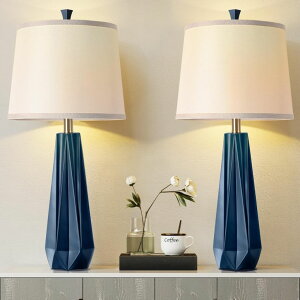 Tt@B safavieh e[uv Tt@r Tt@BA WIHTU 3 Color Temperature Table Lamps Set of 2, 27'' Navy Blue Modern Table Lamp for Living Room, Beside Lamp with Linen Shade, Resin Desk Lamp for Nightstands Bedroom Of 