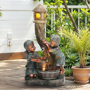 K[f  CeA u^  ̃IuWF EH[^[tH[t@Ee Autodaya 31" Resin Outdoor Water Fountain with LED Lights, Boy-Girl, Pagoda and Wood Barrel Garden Fountain, 3-Tier Cascading Waterf