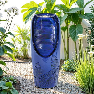 K[f  CeA u^  ̃IuWF EH[^[tH[t@Ee Autodaya 33" H Outdoor Garden Fountain with LED Lights, Modern Ceramic Jar Water Fountain, 3D Tropical Leaf Pattern, Cobalt Blue Gla