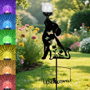 �K�[�f�����C�gLED�\�[���[���C�g �\�[���[�p���[ GIBMIDSER Solar Dog Light Outdoor Decorative,Metal Black Dog&Cat Silhouette Solar Garden Stake,Multi-Colored Changing Glass Ball with LED Light,Welcome Yard Sign Lawn Ornament Decor Gi �y