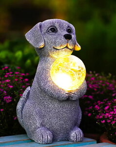K[fCgLED\[[Cg \[[p[ Tiejiajiang Solar Dog Garden Statues - 8.4 "Dog Decor with Gazing Ball Solar LED Lights, Unique Gifts for Mom Grandma Birthdays, Outdoor Decor for Outside Lawn Porch Patio (Gray) ys